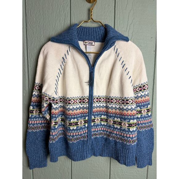 Vintage Tiara International Zip Up Sweater Fair Isle Knit Nordic Blue Floral XL - Picture 1 of 7